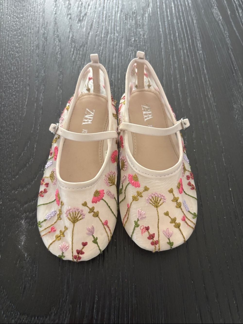 Zara Cream Floral Embroidered Mary Jane Flats